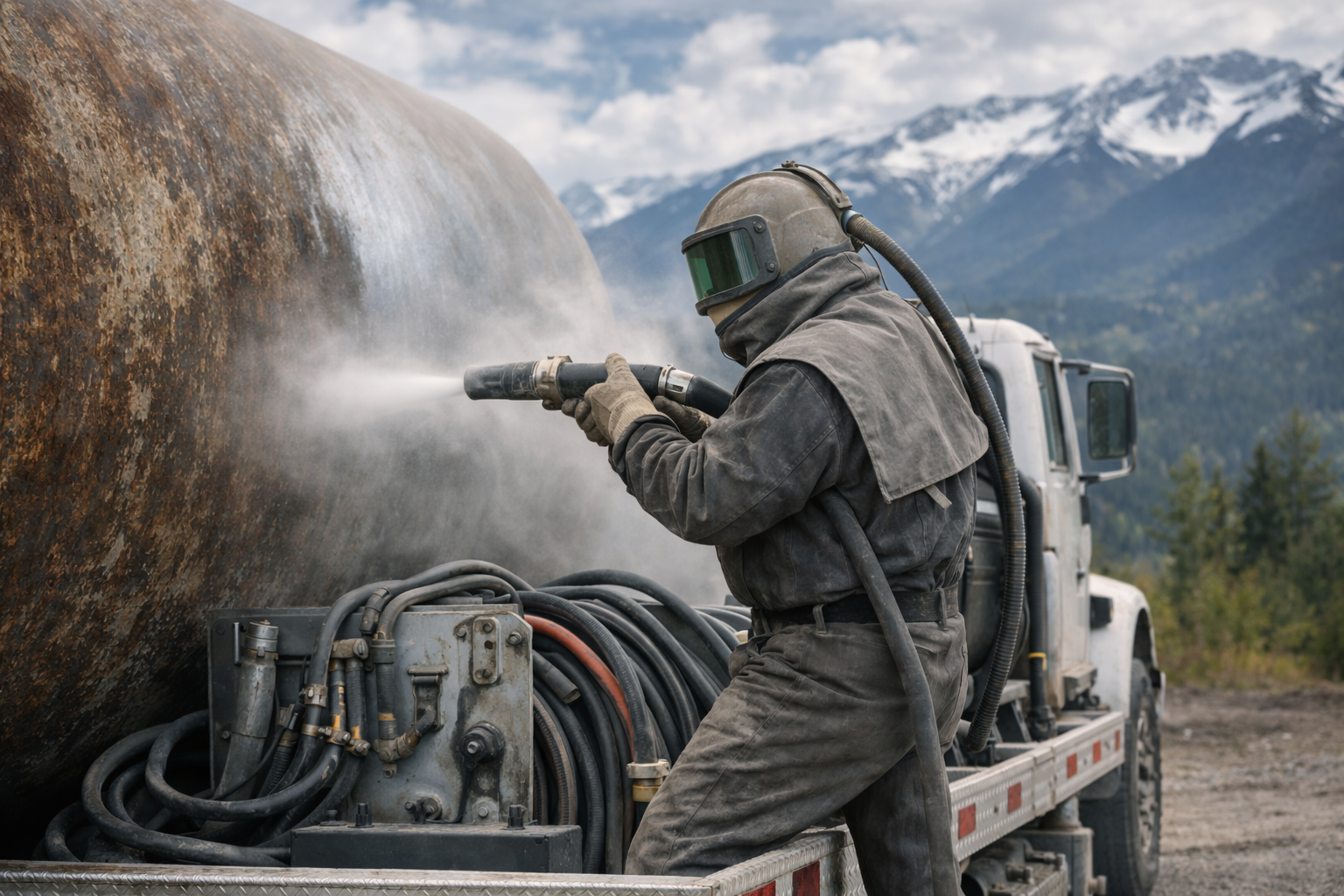 Mobile sandblasting crew performing abrasive blasting on steel at a Brigham City job site