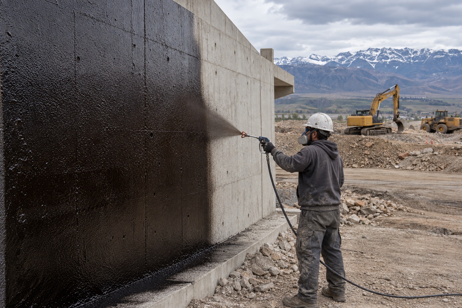 Civil dampproofing being spray-applied to a cast-in-place concrete abutment on a Utah highway project