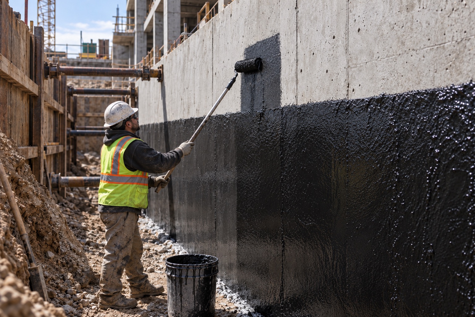Crew member rolling fluid-applied waterproofing membrane onto a below-grade commercial concrete wall