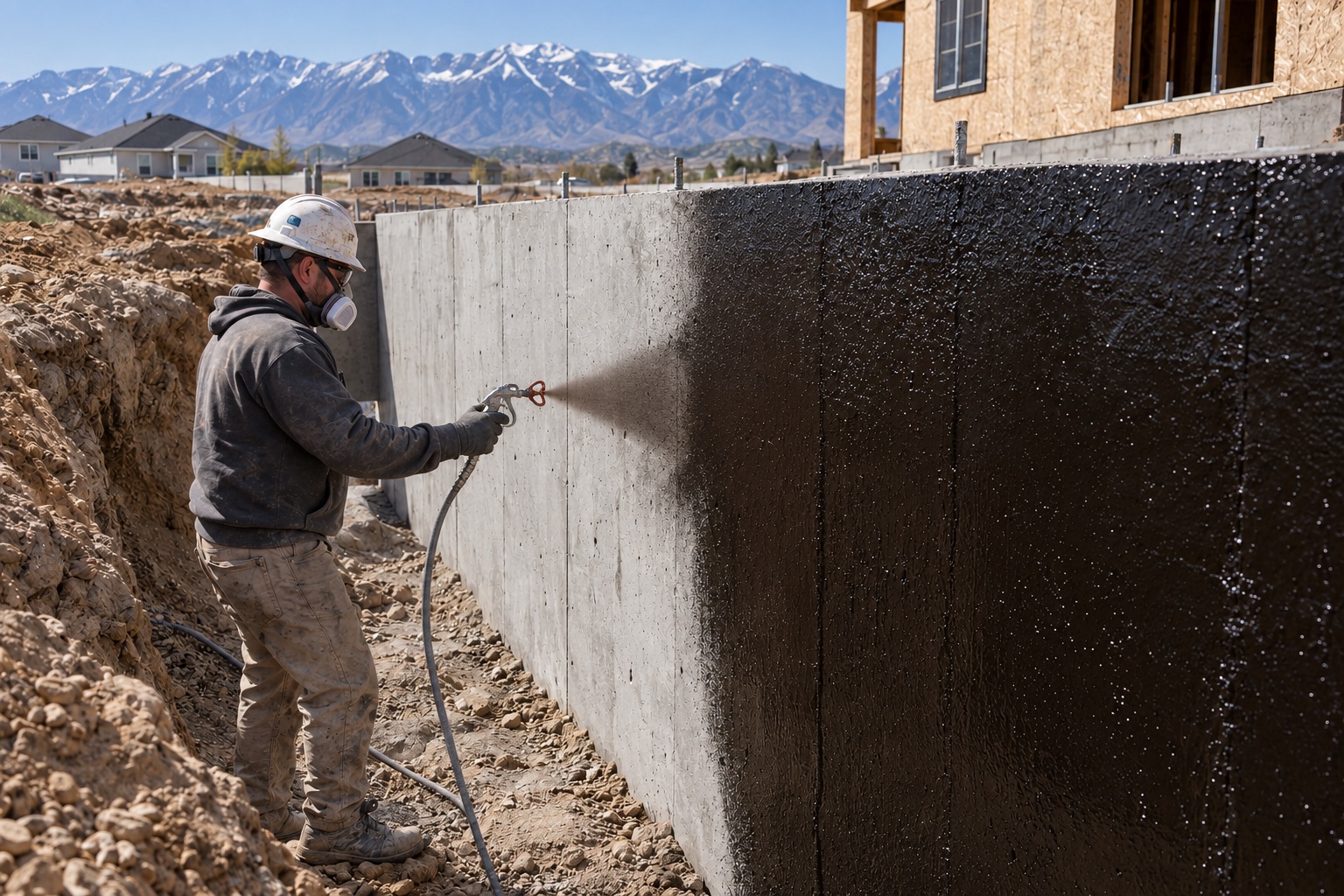 Contractor spray-applying black asphalt emulsion dampproofing to a new residential concrete foundation wall in Northern Utah