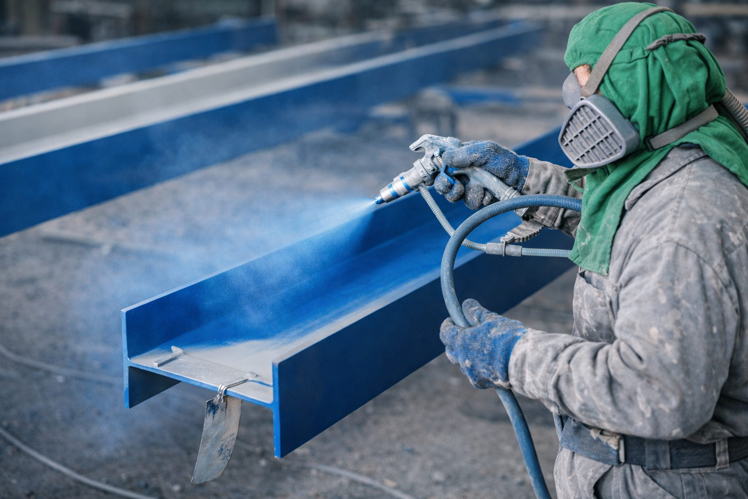 Utah sandblasting technician preparing structural steel for primer and coating