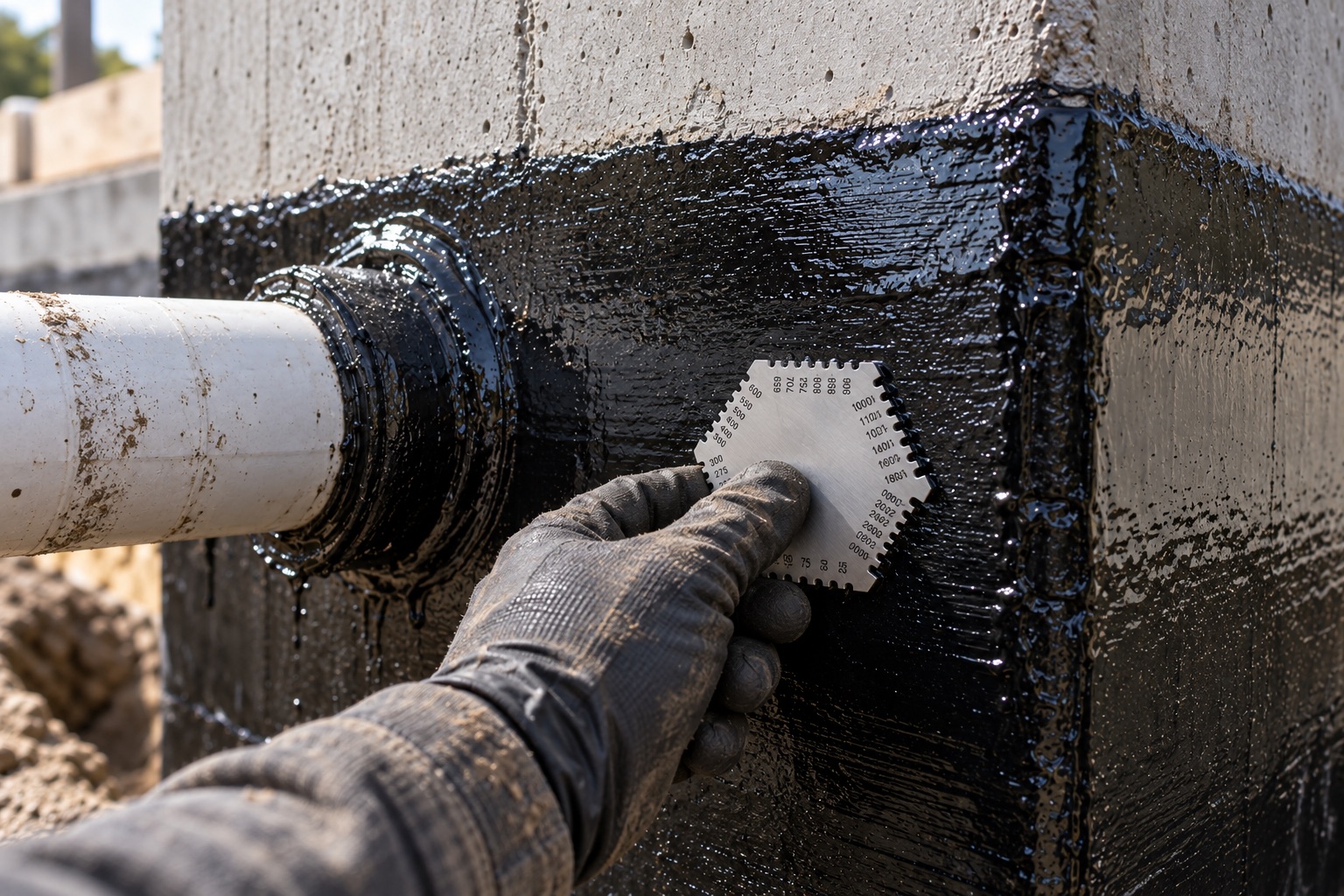 Wet film thickness gauge checking fluid-applied waterproofing membrane beside a sealed pipe penetration on a foundation wall